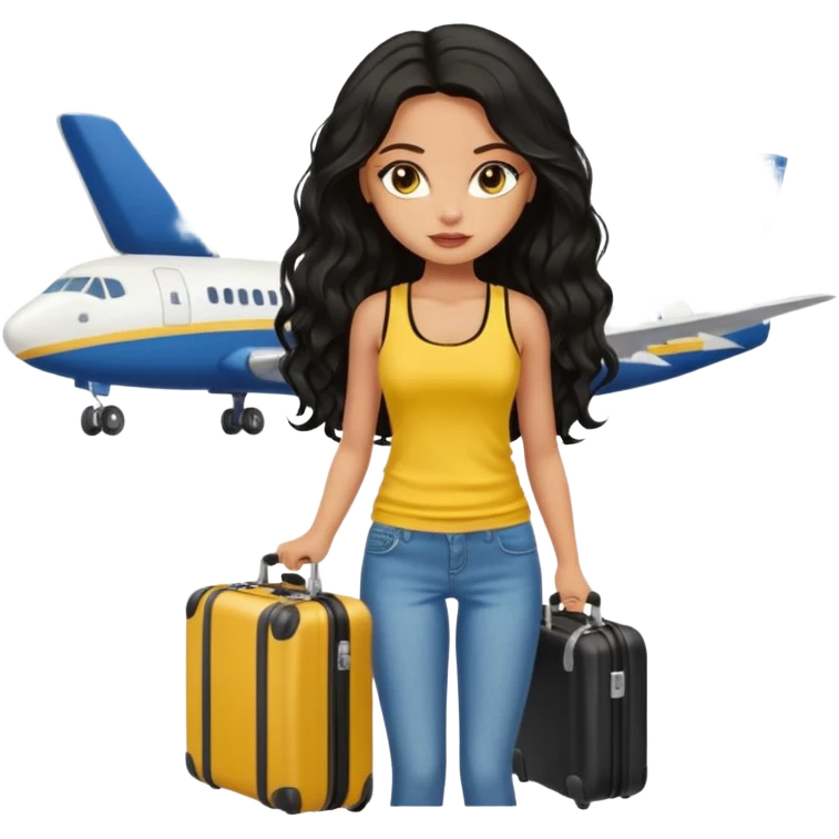 a pretty bratz dusky girl with long wavy black hair in a yellow tank top with a black suitcase at an airport emoji