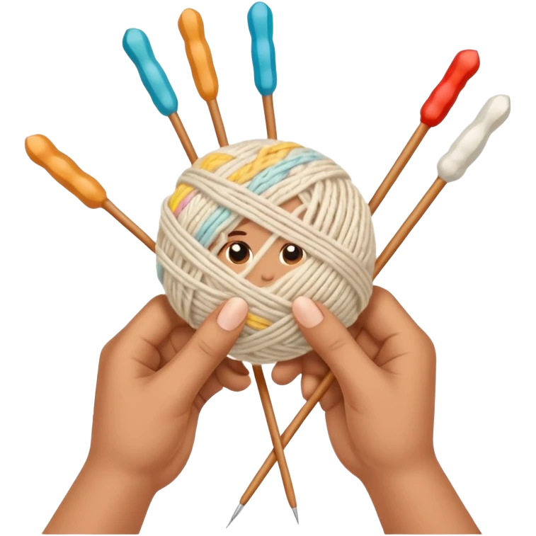 hands holding 2 knitting needles (1 on the right hand and another one on the left hand) with a ball of knitting thread (without a person's face) emoji