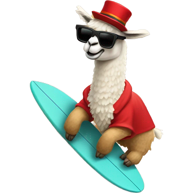 Llama with red sweater top hat and sunglasses surfing on sand dunes emoji