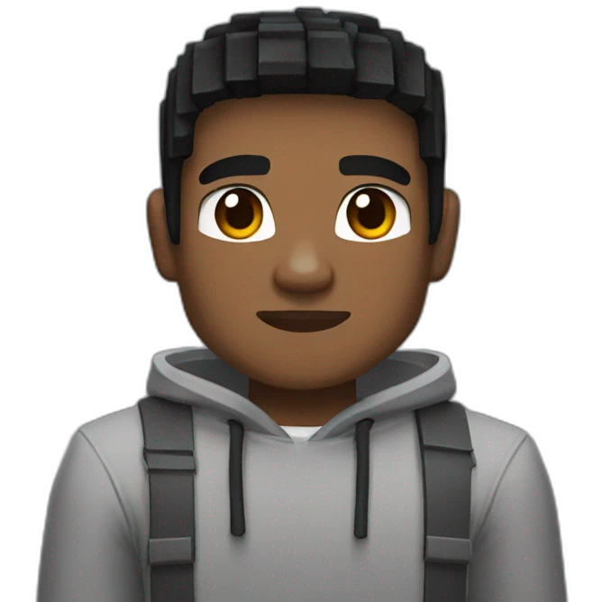 young black-hair man with brown eyes dressed in a gray minecraft hoodie emoji