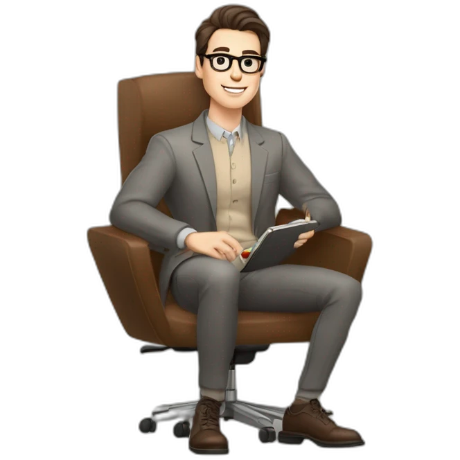 Pale skinned Fit Man With dark brown hair in gray jacket, beige office shirt, Brown pants and vintage glasses sitting In a soft chair with a notebook on spring with emblem Ψ and a pen emoji