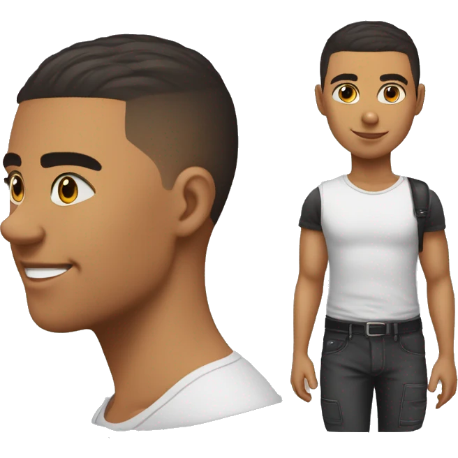 Joven con línea en la ceja, cabello liso color negro con corte Buzz cut emoji