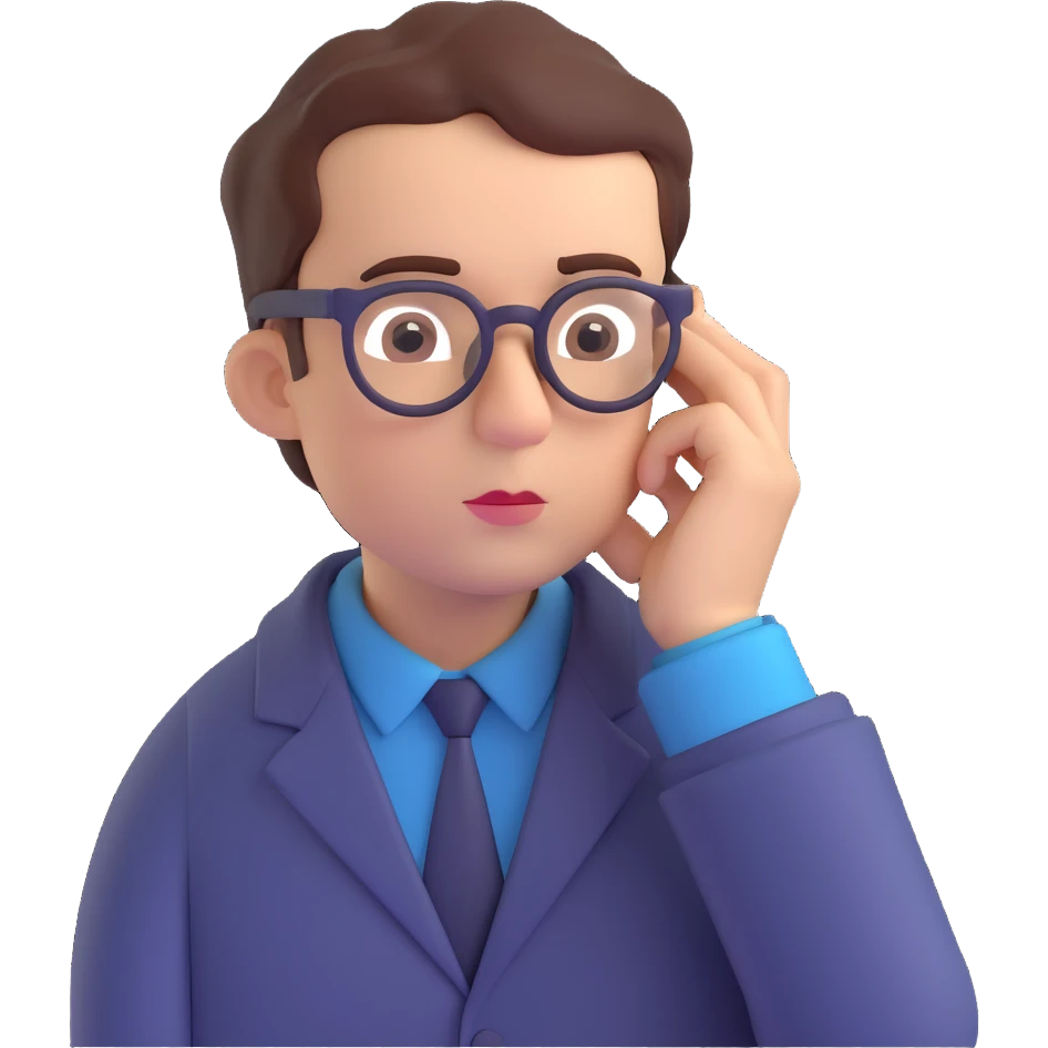 a man with glasses, deep in thought, hand on cheek, 3D style emoji