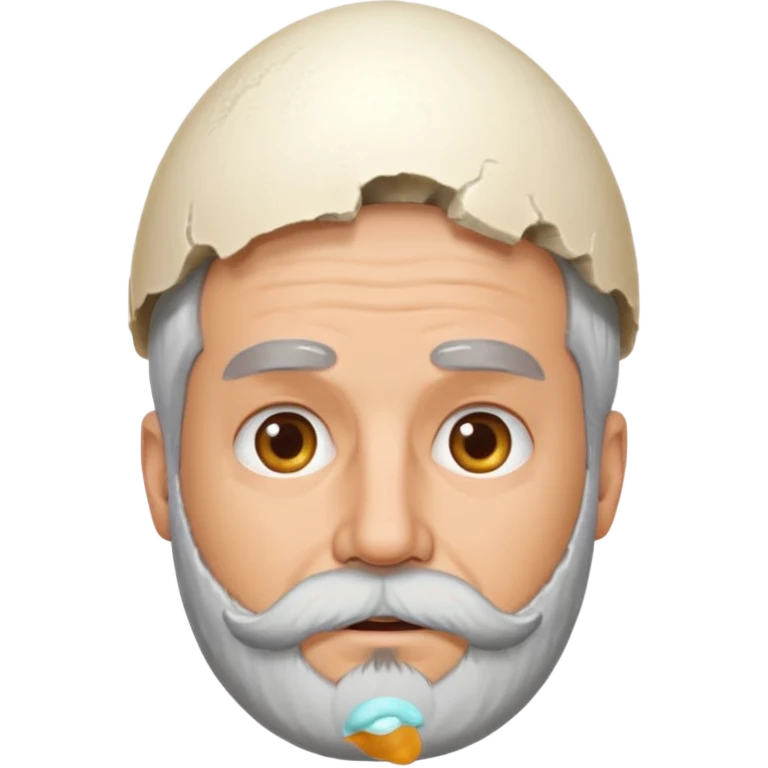 grey haired man with beard middle aged with a large egg shell on the head emoji