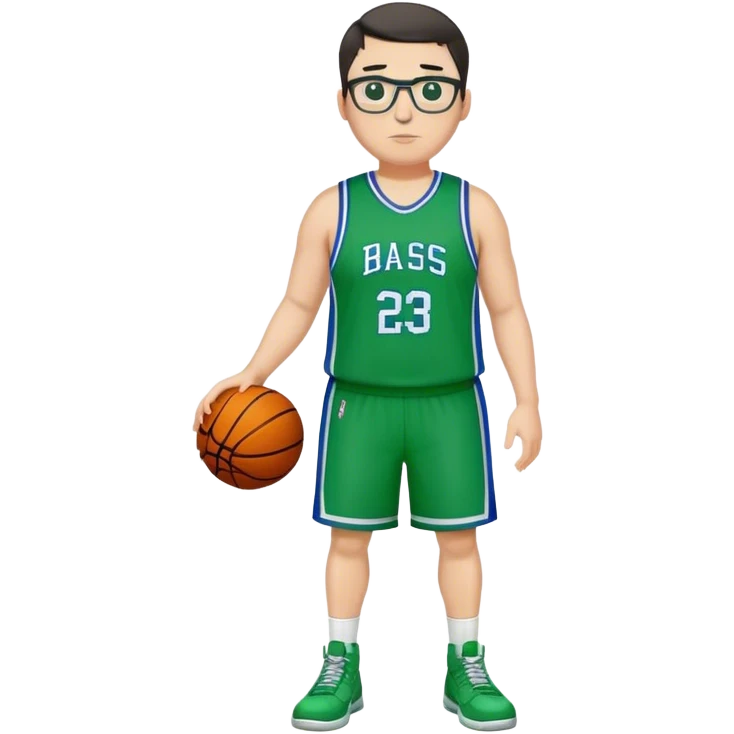 Full Body plus size tall white male with dark short hair basketball player wearing glasses wearing blue  with green uniform emoji