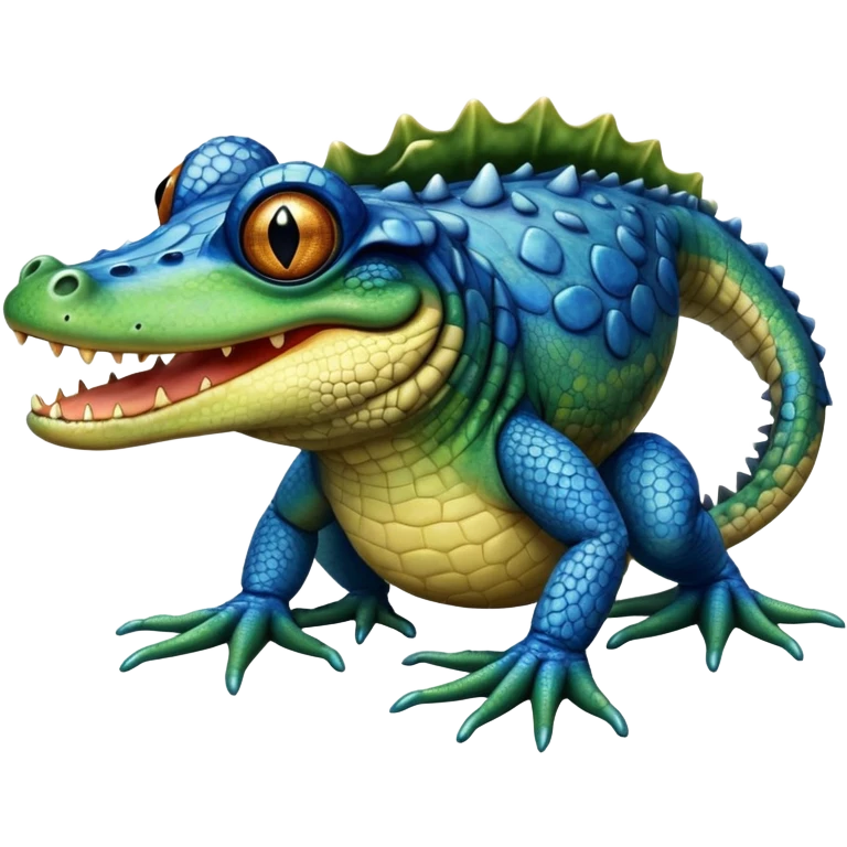 a dog that has black eyes and a blue tail, the head of a crocodile and the legs of a frog emoji