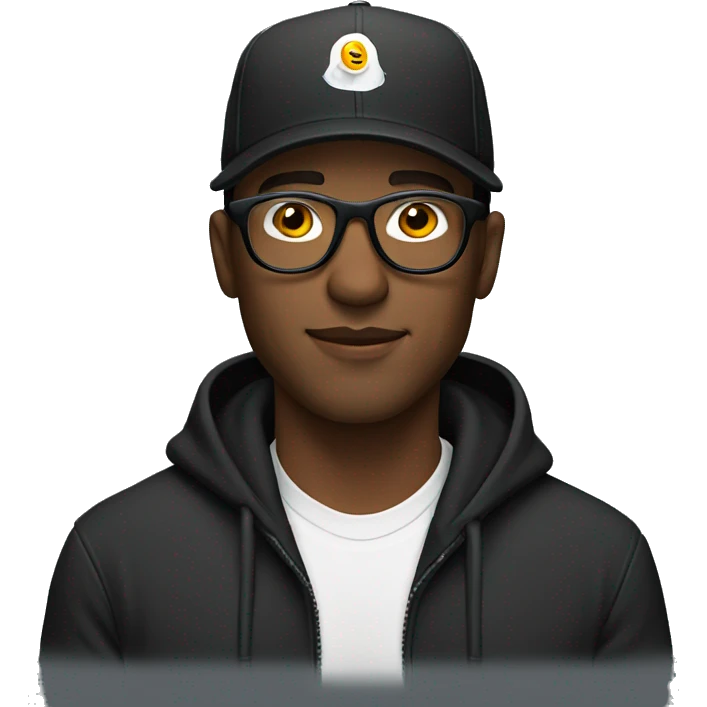a man wear black hoodie and trucker hat and clear glasses emoji