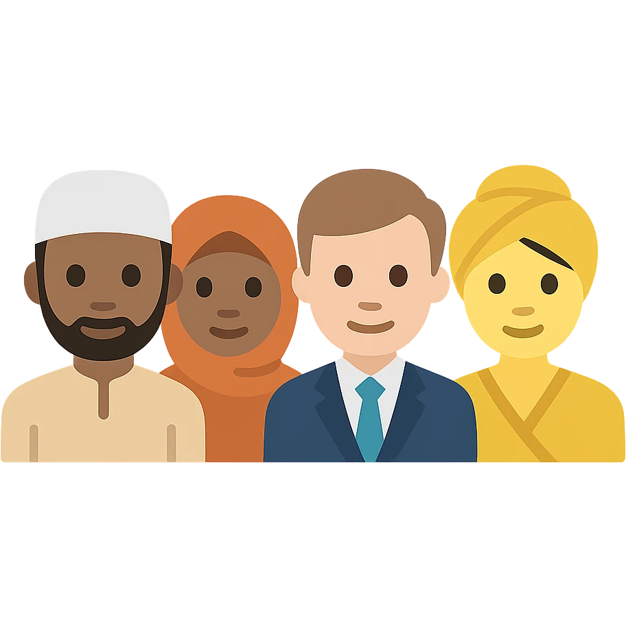 A group of coworkers from various backgrounds, showing cultural symbols and dress, flat color icon style emoji