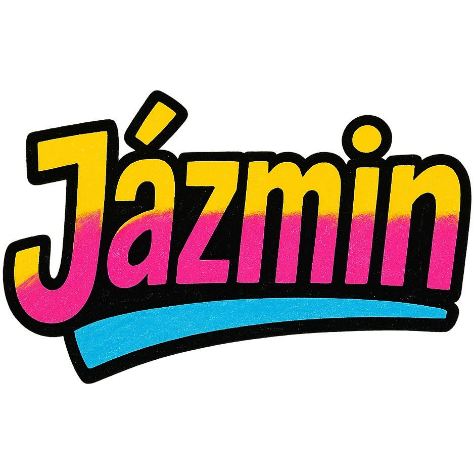 Jázmin name in modern colorful gradient font with dark outline, dynamic slanted or partial underline, in the style of reference patterns emoji