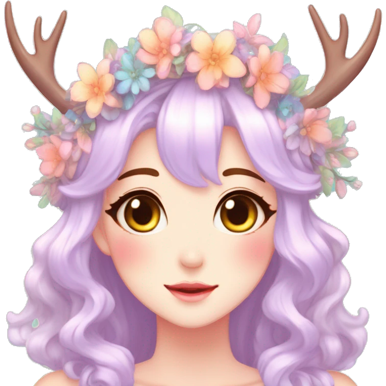 Gorgeous Shiny Colorful Pastel Anime Style Mature Lady with blushing face and pretty hair with a flower crown and antlers pastelcore kawaii cottagecore fairycore aesthetic trending style emoji