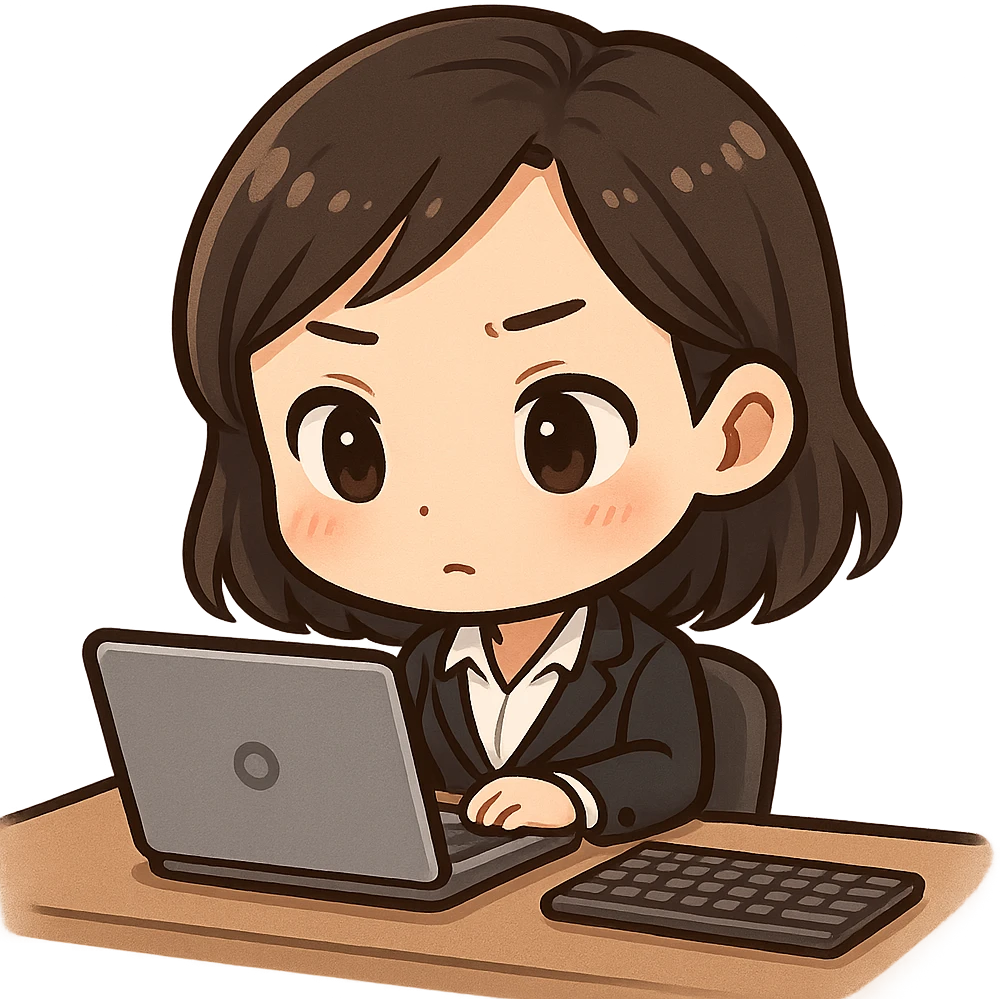 chibi cute Asian female professional with brown hair, focused at her desk, working on a laptop with a keyboard nearby emoji