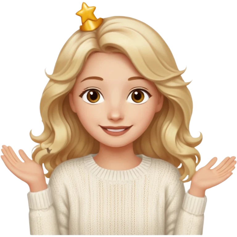 A pretty white girl with hazel brown eyes and long  down and blonde wavy hair in a cosy white knit sweater, she is celebrating her birthday and is happy emoji