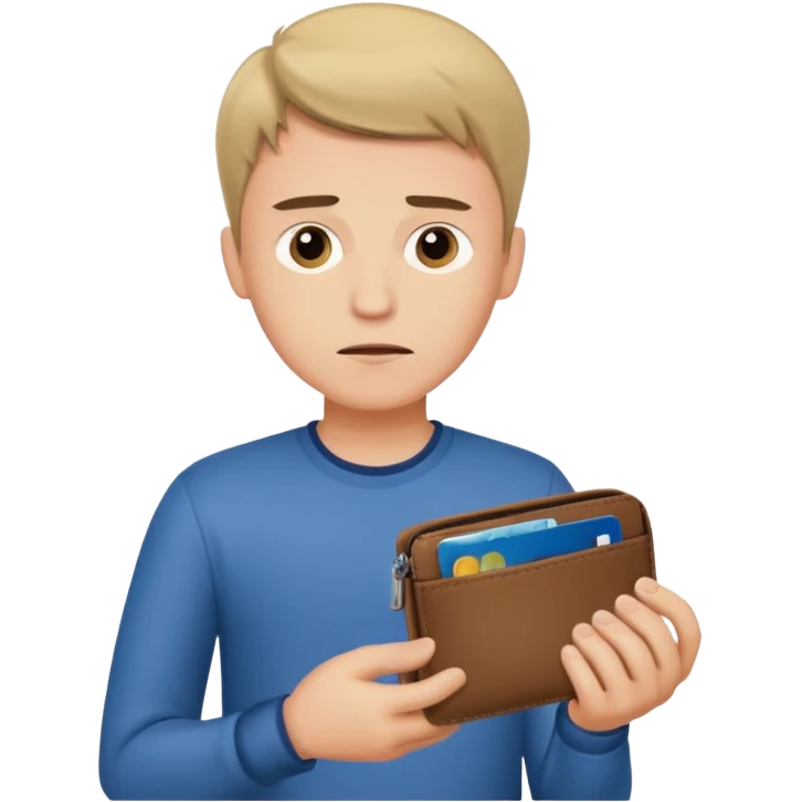 A young guy looks at his empty wallet. emoji