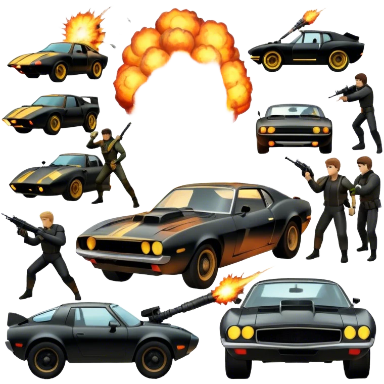 Photorealistic Icon for Action Movies: Dynamic collage of iconic action movie scenes featuring explosions, fast cars, combat, and weapons. Include silhouettes of famous action heroes, dramatic lighting, and a sense of high-octane energy. Transparent background. emoji