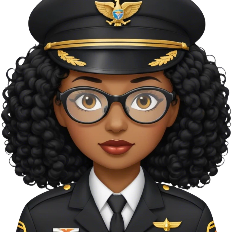 femme pilote d'avion en uniforme noir aux cheveux bouclés noir et petites lunettes arrondis identique avec des cheveux très long et la peau noir mais légèrement plus claire  emoji