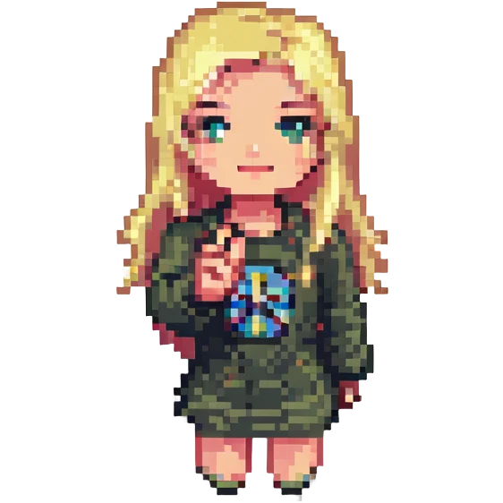 blonde popular girl making a peace sign with her hand, pixel art style emoji
