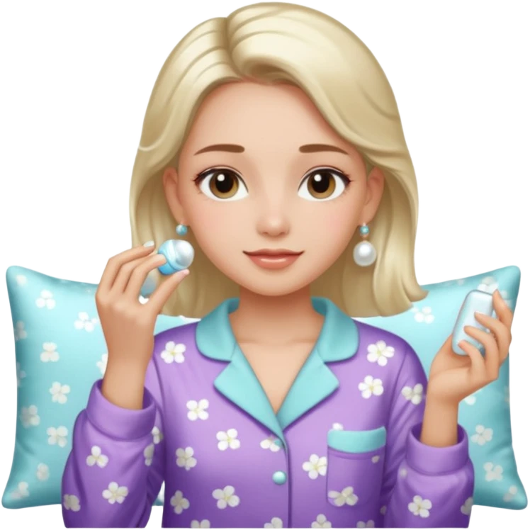 Clean girl aesthetic emoticons, apply skincare products, pearl earrings, glowing skin, pajamas, soft lighting emoji