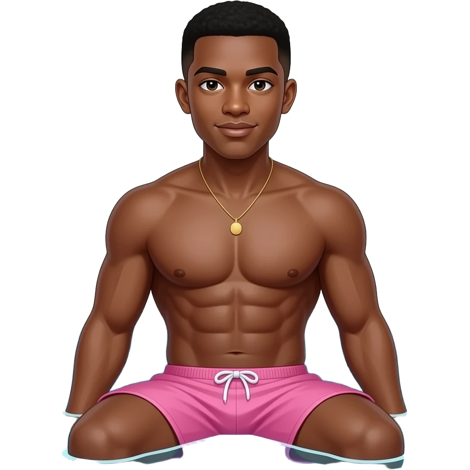 make a black skinned 20 year old man with a low taper fade sitting in a pool with giant abs in pink swim trunks emoji