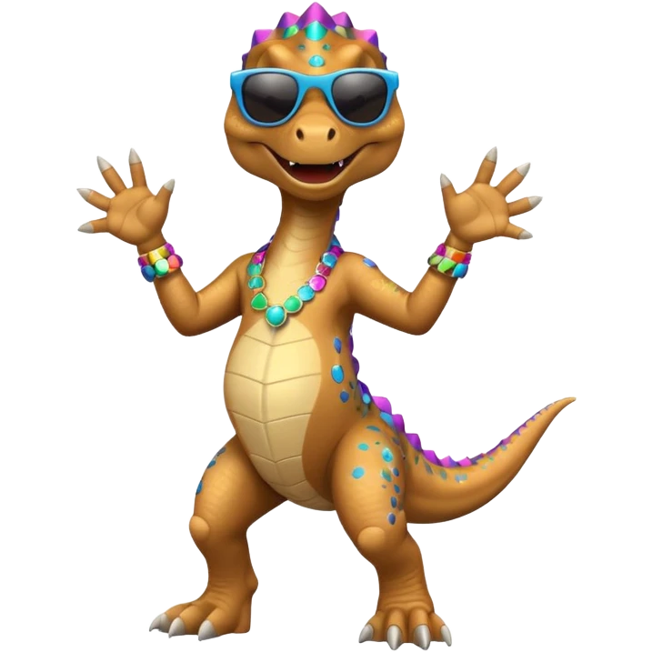 Un dinosaurio bailando con outfit disco y gafas oscurass. emoji