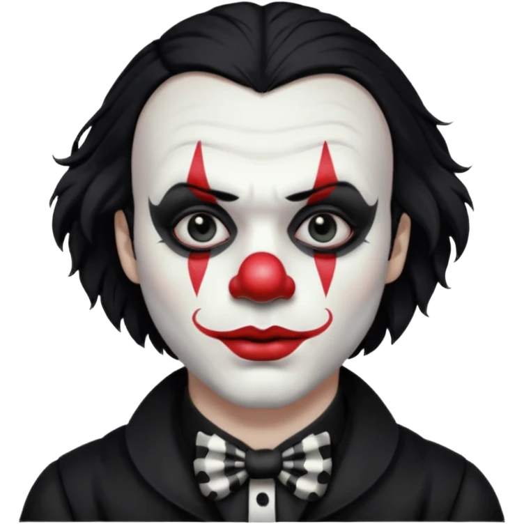 man with black hair only black and white clown makeup black eye makeup black lipstick black clothes emoji