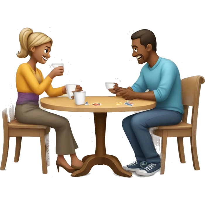 An emoji of a family—mother, father, and child—sitting at a table, playing a cup game with paper cups arranged on the table as they have fun together emoji