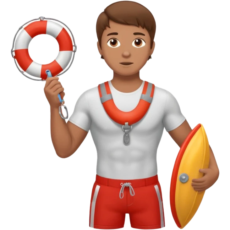 Muscular lifeguard teen boy with rescue buoy and whistle brown hair emoji