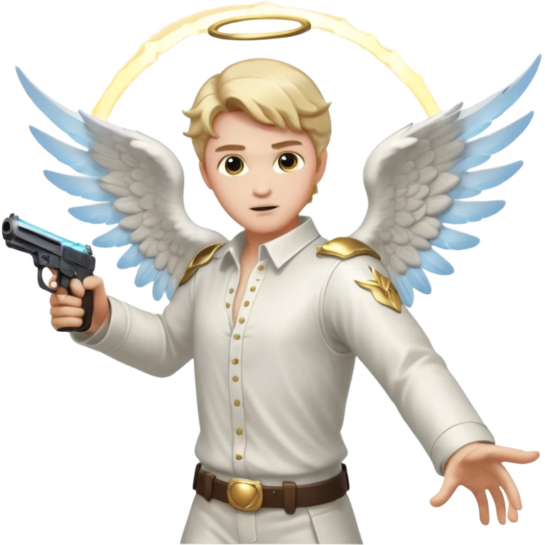male Angel dual-wielding pistols, shooting, dynamic action pose, glowing wings, no background














 emoji