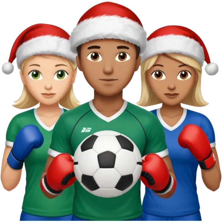 3 atletas, um homem no meio e duas mulheres com cores de pele diferentes, usando elementos esportivos, bola de futebol, luvas de luta e bola de vôlei. Coloque um chapéu de papai noel das cores verde e com roupas azul e branco emoji