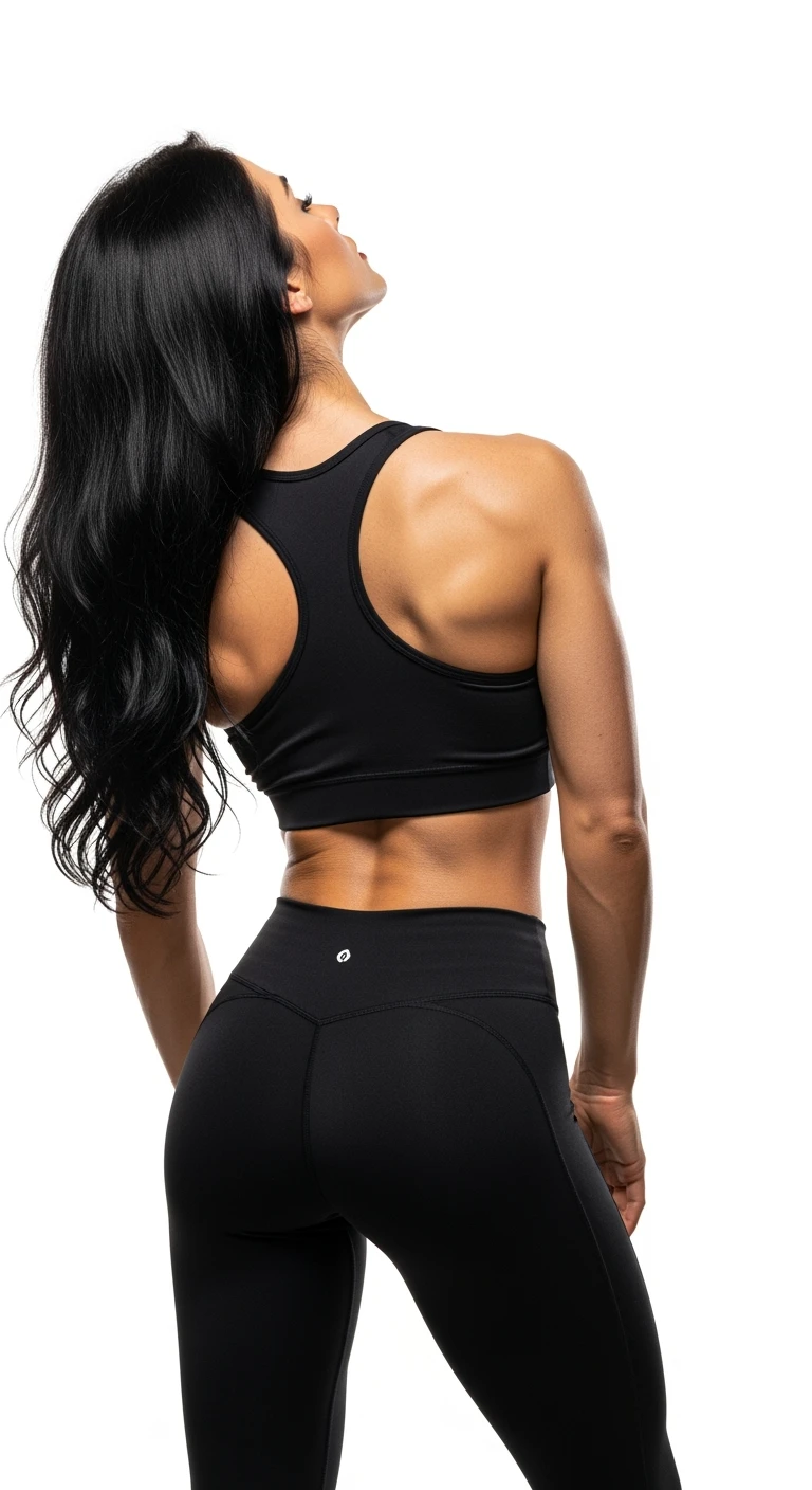 donna fitness di spalle con spina dorsale in evidenza, sfondo bianco emoji