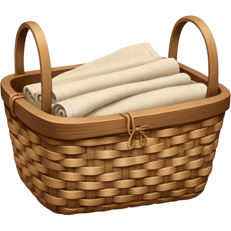A wooden raffia Brown basket with fresh washed linen emoji