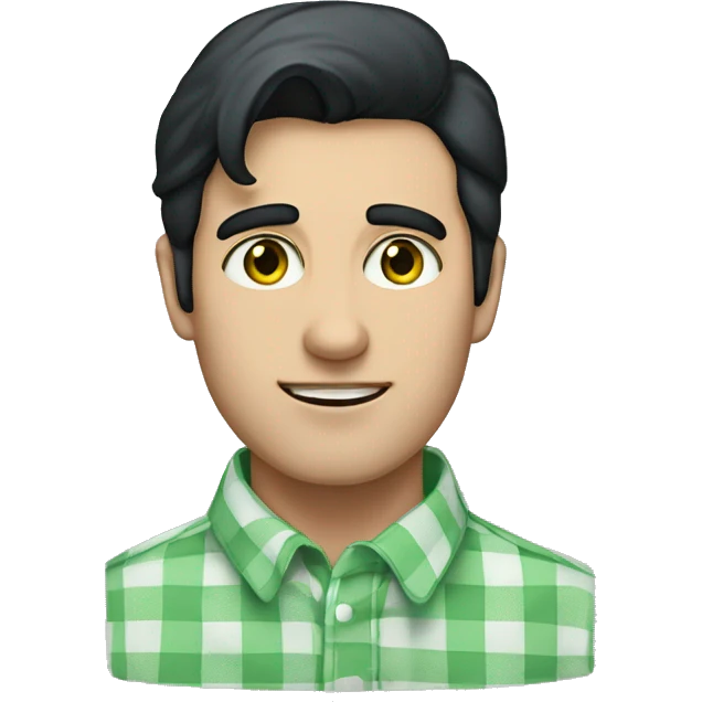 Man with black hair and a gingham white/blue buttoned collar shirt/green eyes emoji