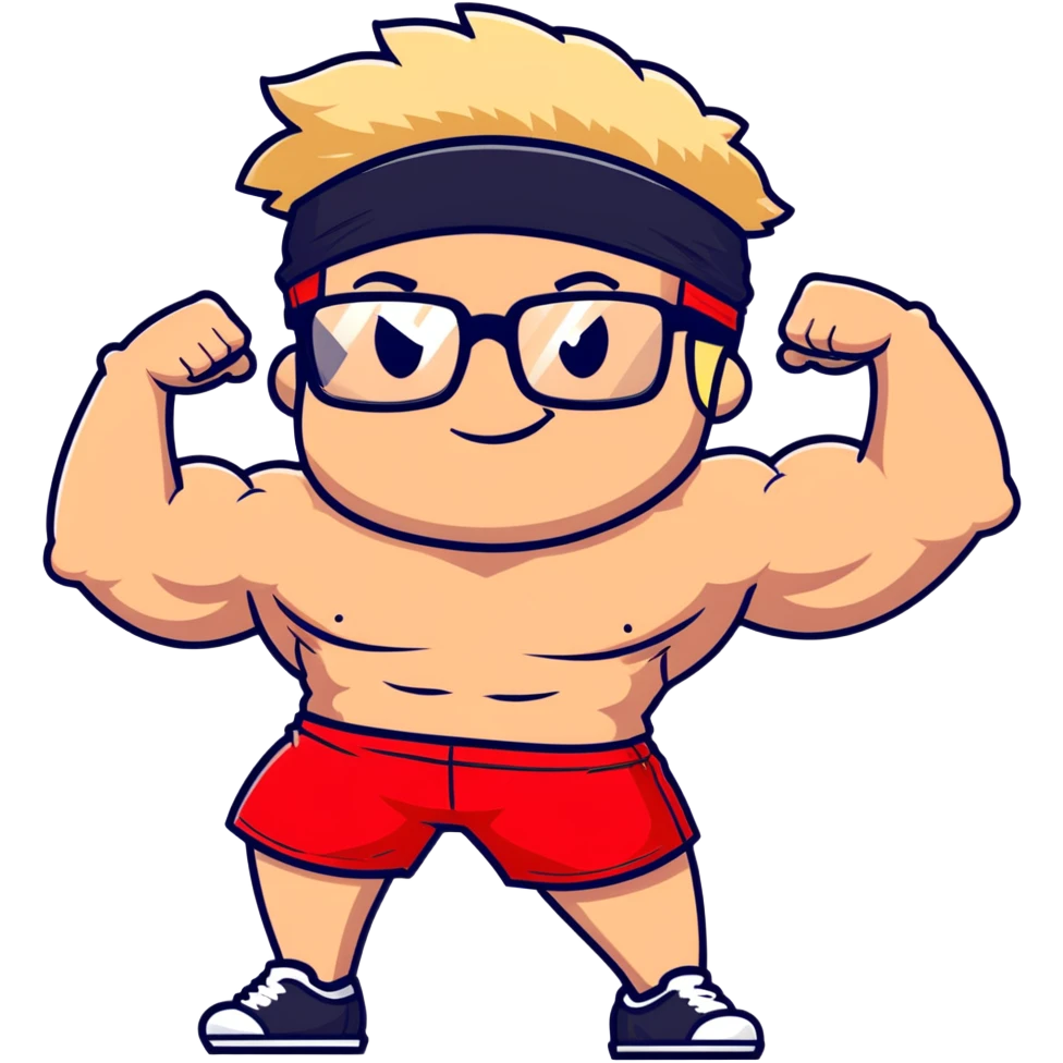 Regular man with black and white cap, bare torso, red shorts, clear glasses, messy light blond mullet hairstyle, smiling and flexing muscles emoji