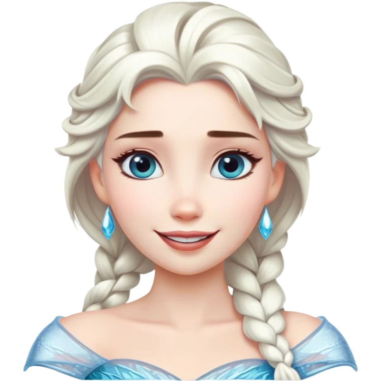 Cinematic Radiant Snow Queen Portrait Emoji, rendered in a realistic, vector style with clean proportions. Show Elsa with a gentle, confident smile, icy pale skin, and luxuriously styled platinum hair, her expression calm and regal. The image glows with a soft, enchanting icy luminescence, high shine, and is accented by a soft glowing outline that enhances her ethereal beauty. emoji