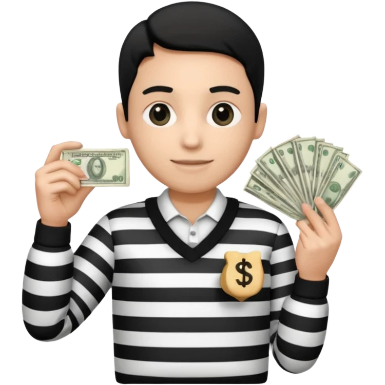 thief with black and white stripe clothes, holding money pack emoji