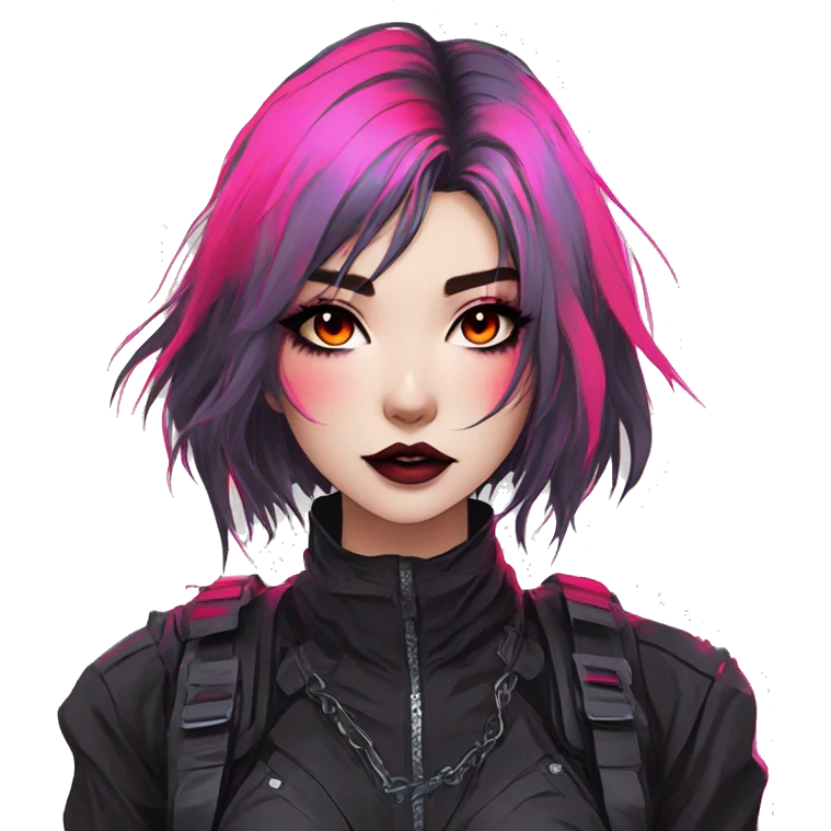 Gorgeous bright colorful neon gothic techwear anime style lady with blushing face aesthetic and pretty edgy black red punk messy hair with collar and harness trending style emoji