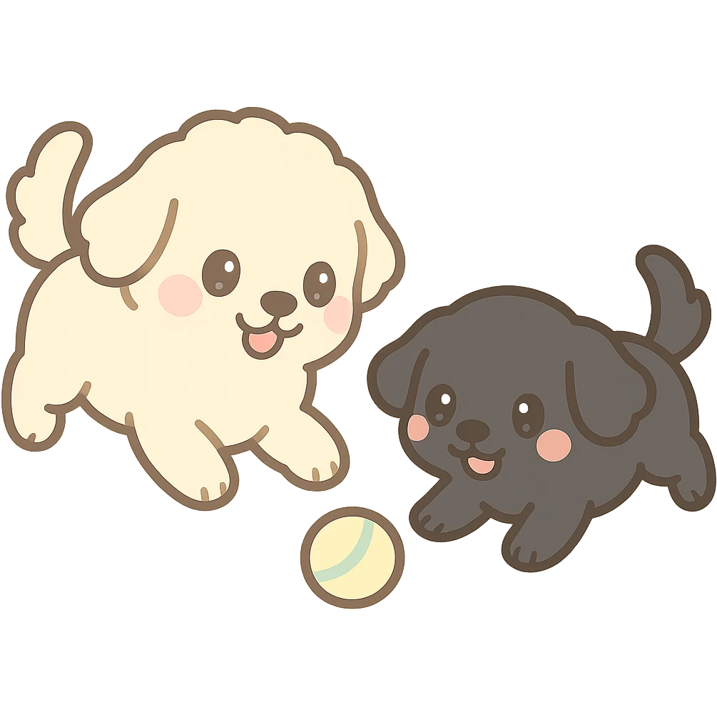 large light cream colored goldendoodle and small black golden retriever, chibi style, chasing a ball together emoji