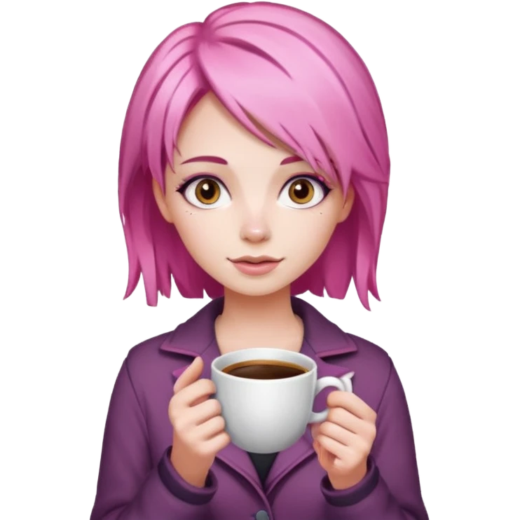 сделай молодую девушку с розовыми волосами, накрашенную красиво, с стаканчиком кофе и с инстаграмным выражением лица emoji