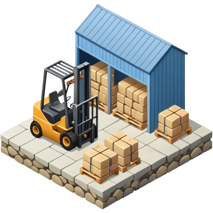 warehouse with forklifts ans stoneslabs isometric view from th outsideeslabs, forklifts, no vehicles no robots emoji