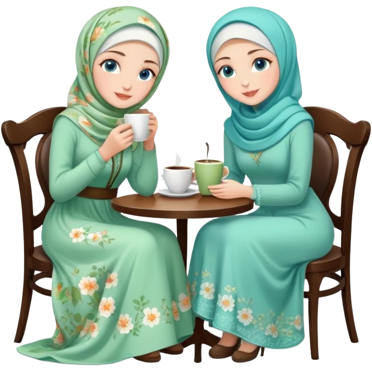 Turkish beautiful finish Konya girls blue eyes with Beautiful light green floral hijab long tail dress and the two friends in a white lovely coffeehouse sits on the chair on the ground and holds cup coffe with her hand  emoji