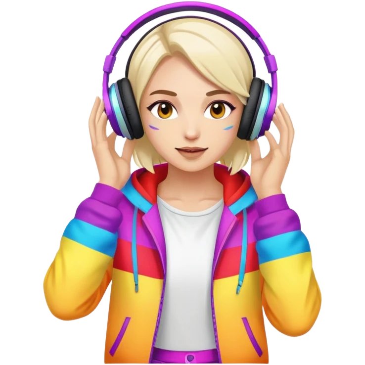 Russian rave artist with headphones and colorful outfit performing emoji