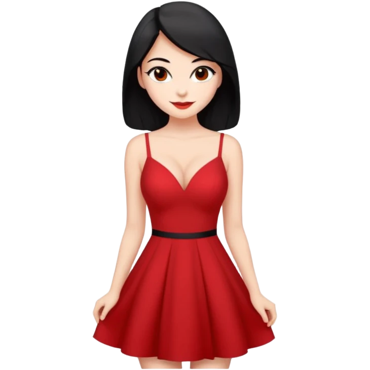 Chica súper joven y delgada pero con pechos grandes y  con delineado con vestido rojo escotado en la espalda y pelo semi largo negro, con sonrisa coqueta emoji