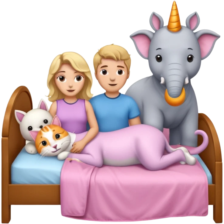 Brown wavy hair girl with blonde guy in a bed with an elephant, orang cat, polar bear, and pink unicorn  emoji