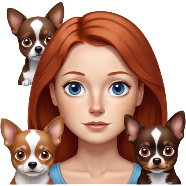 Woman with red, shoulder-length hair, gray-blue eyes, and freckles
4 Chihuahuas: one chocolate tan, one chocolate merle, one black and white, in brown and black emoji