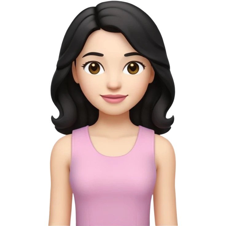 3D-style emoji or Memoji of a young woman. She has long, slightly curly black hair parted in the middle, large lazel eyes, arched eyebrows, and soft pink lips. She’s wearing a white, sleeveless top and is smiling gently. The overall style is clean, modern. emoji