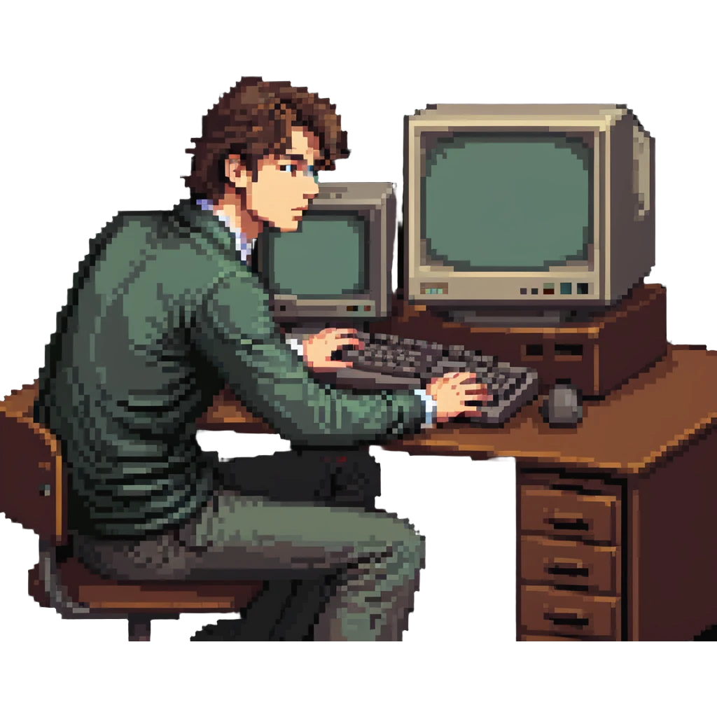 Young man sitting at desk with vintage desktop computer with large CRT monitor emoji