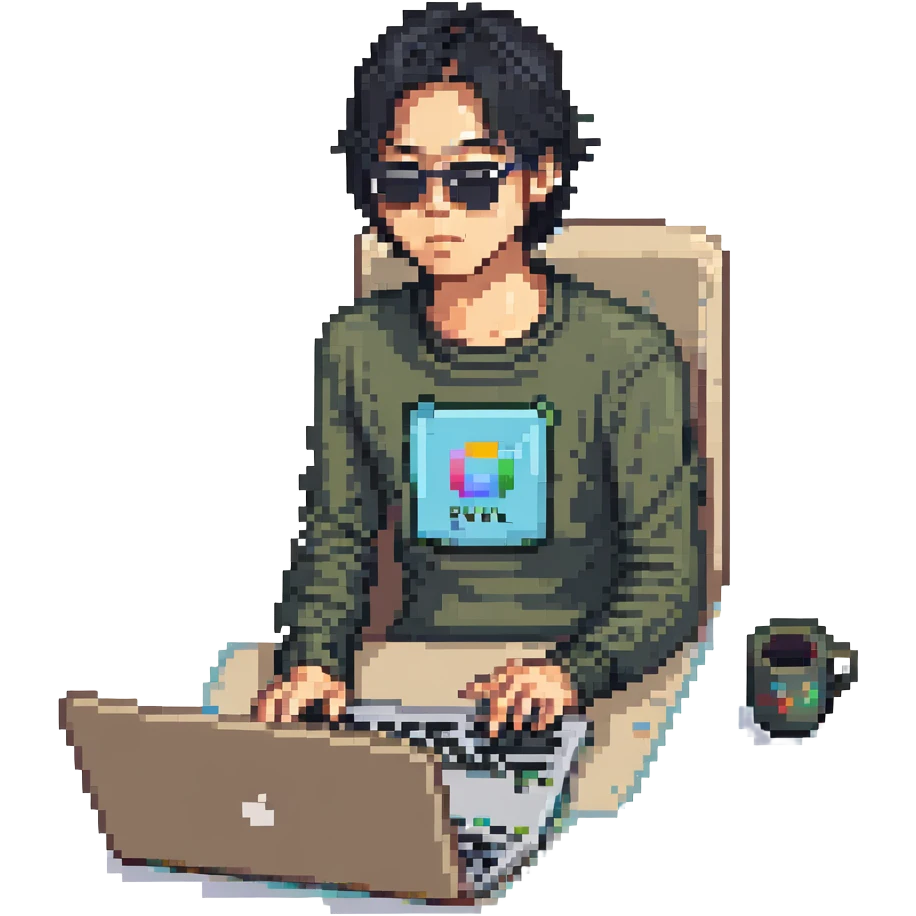Pixel art of an Asian guy with black hair and sunglasses, seated at a laptop emoji