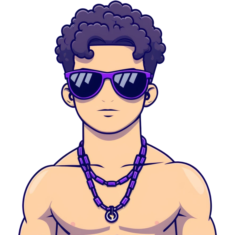 shirtless male athlete with white skin and moderately curly black hair on top with shaved sides, wearing purple sunglasses with very dark heavily tinted black lenses, and a simple plain black chain necklace, no earrings or other jewelry emoji