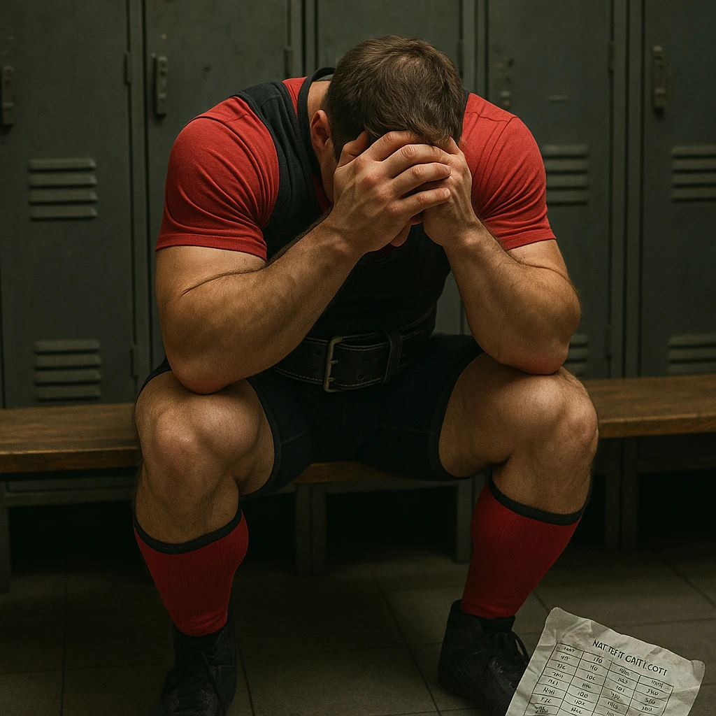realistic powerlifter sitting in locker room with head in hands, competition clothing, crumpled weight category chart beside, frustrated expression, atmosphere of defeat, detailed, locker room background emoji