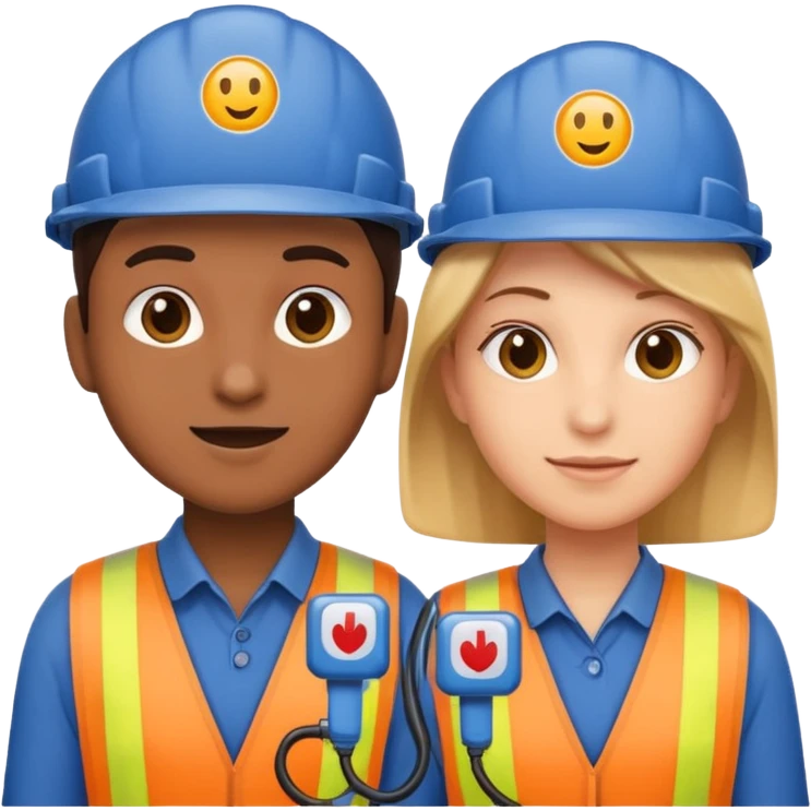 create a realistic emoji of two working packaging workers switching position with a switch symbol between them emoji