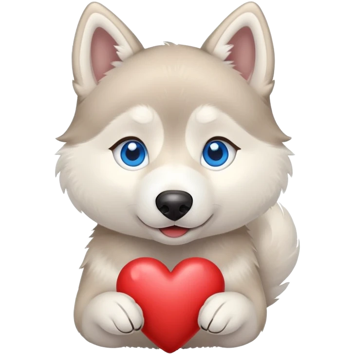 Beige husky with blue eyes holding a big heart emoji